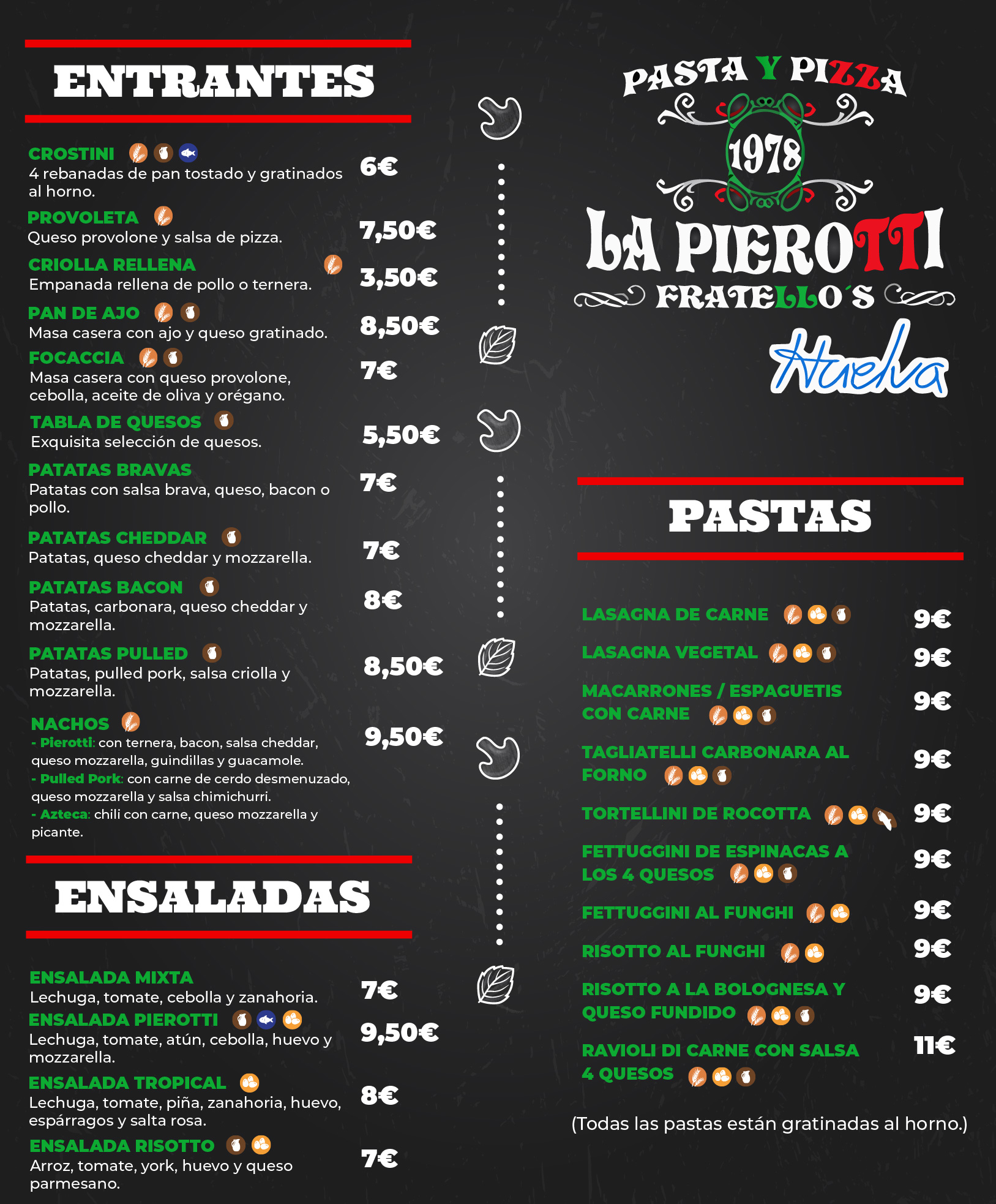 Carta de menú Pizzería La Pierotti Huelva centro