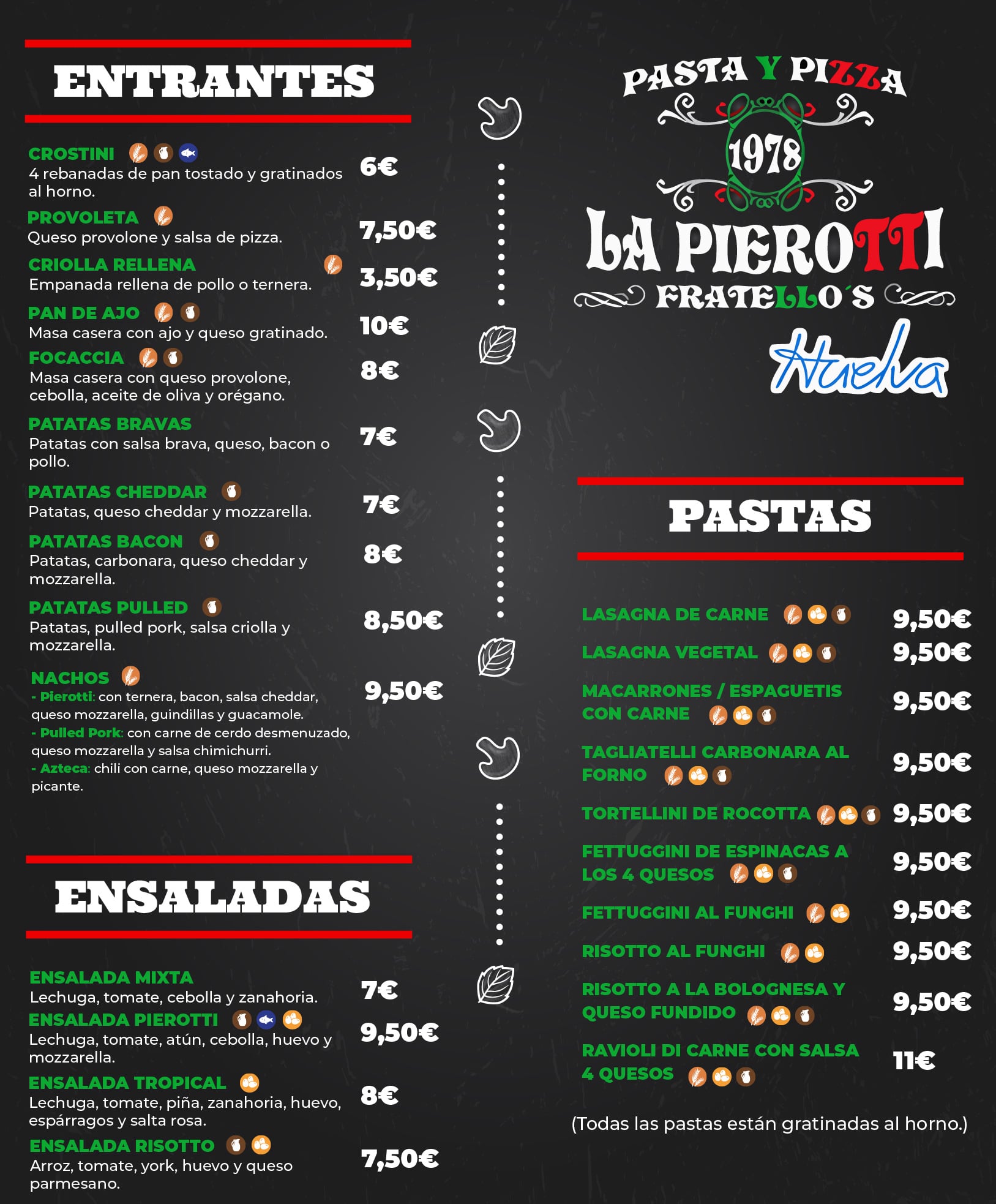 Carta de menú Pizzería La Pierotti Huelva centro
