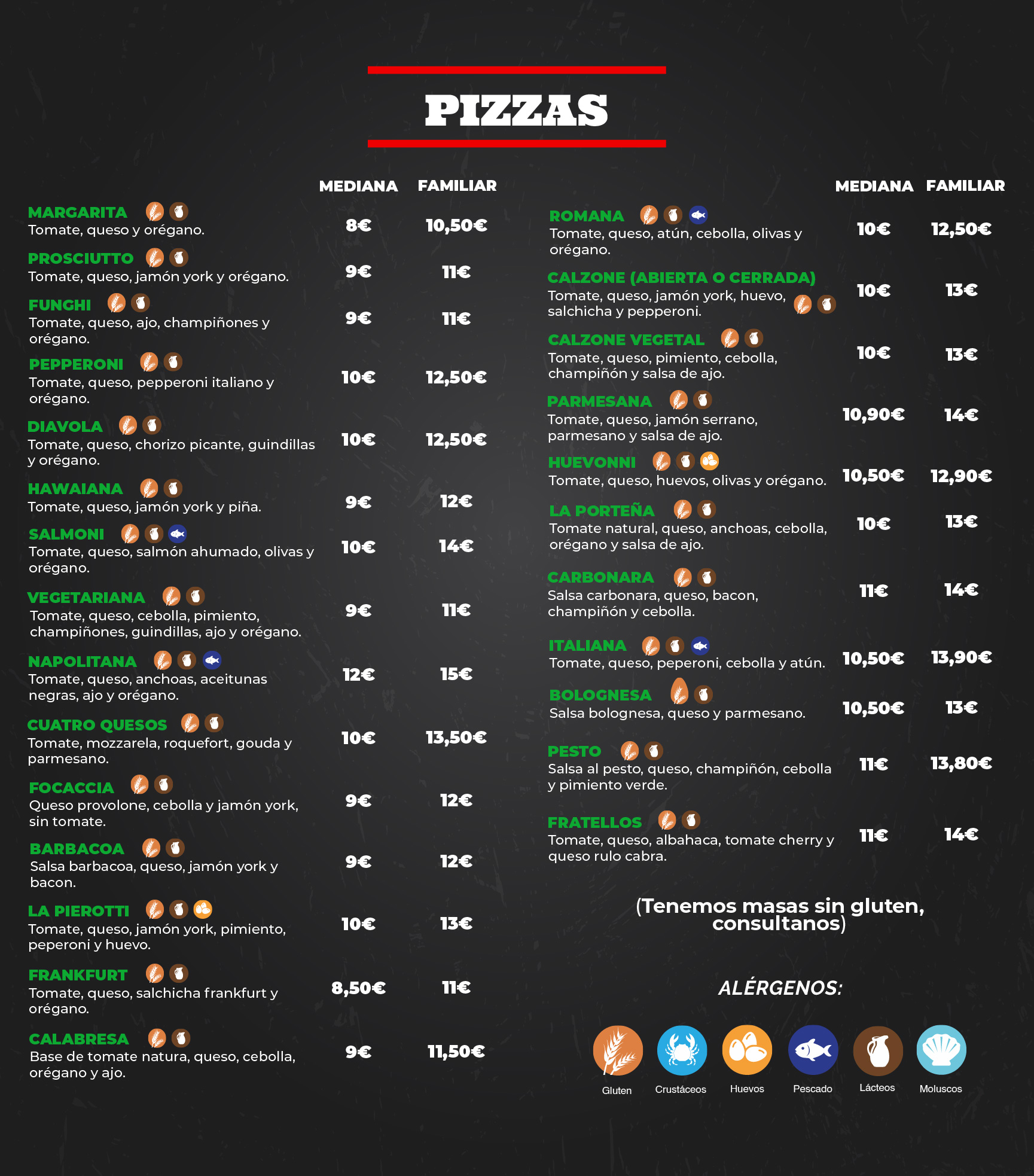 Carta de menú Pizzería La Pierotti Huelva centro