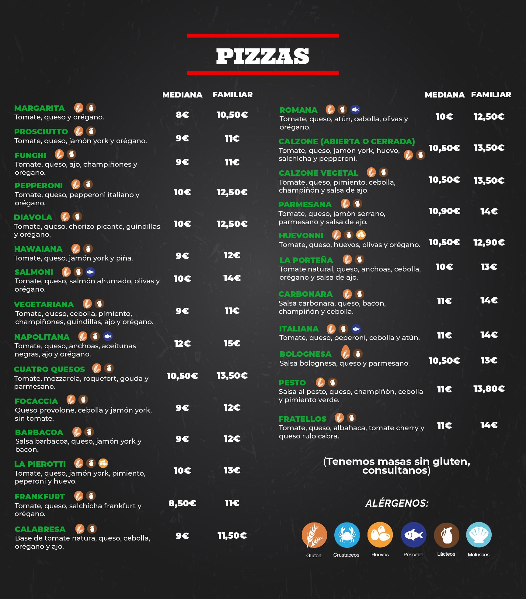 Carta de menú Pizzería La Pierotti Huelva centro