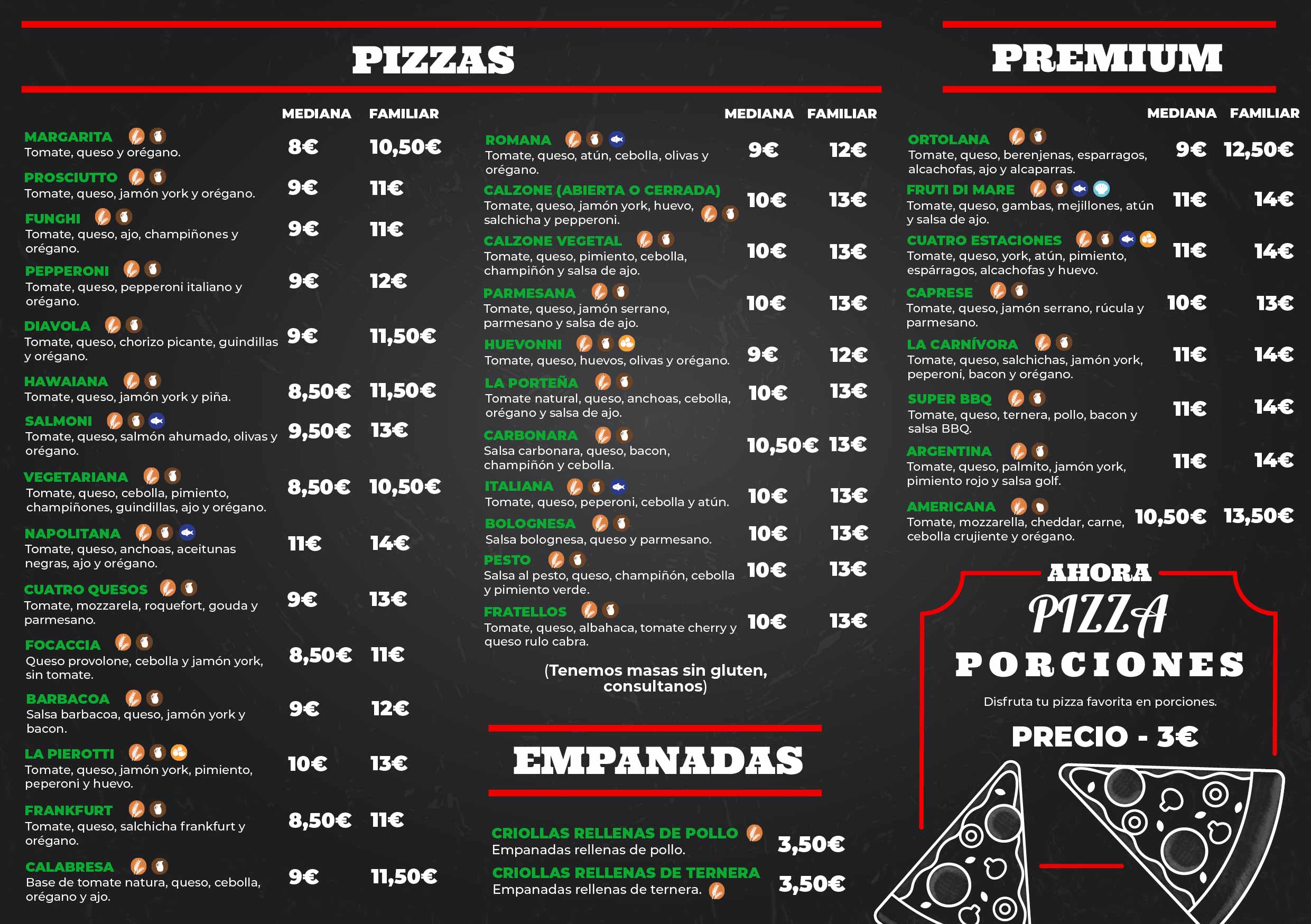 Carta de menú Pizzería La Pierotti Huelva isla chica