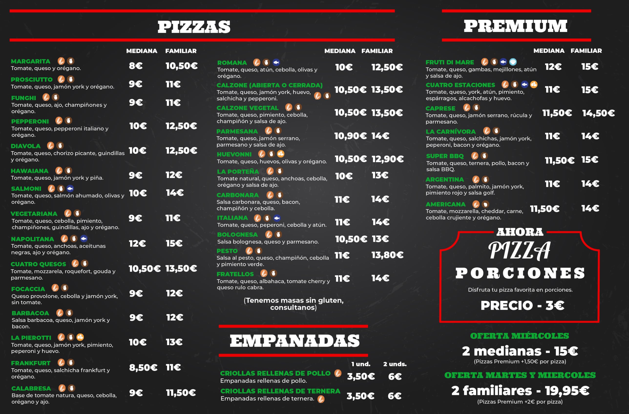 Carta de menú Pizzería La Pierotti Huelva isla chica